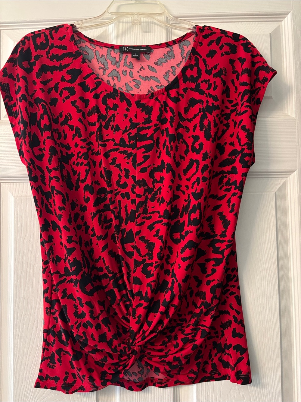 INC International Concepts Red and Black Animal-Print Twist-Front Blouse